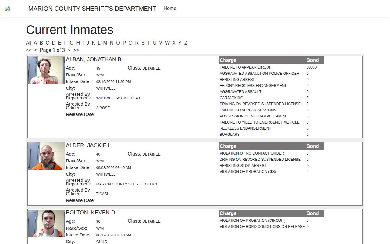 Marion County current inmate roster and arrest record interface