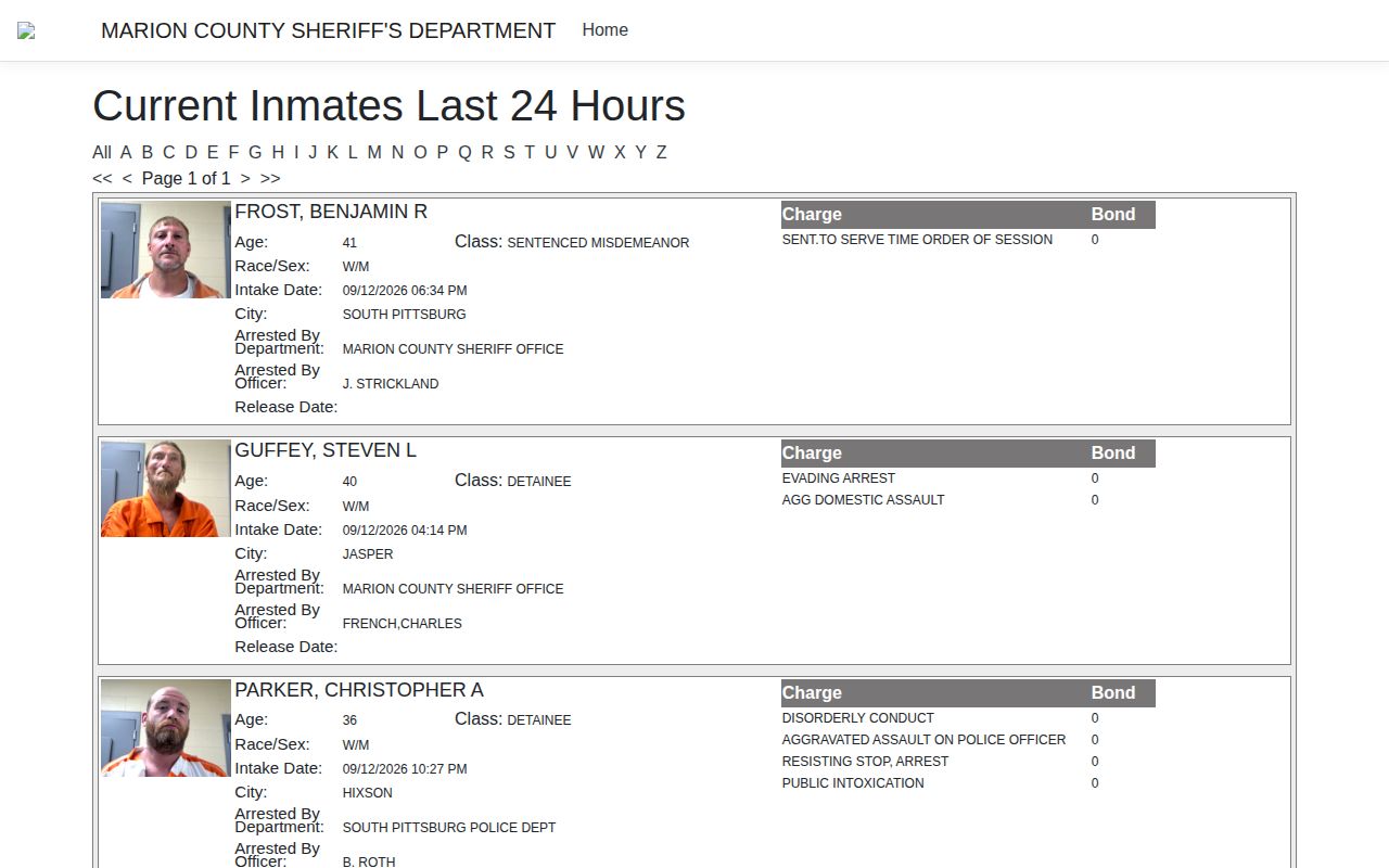 Marion County Last 24 Hours arrest intake and release page