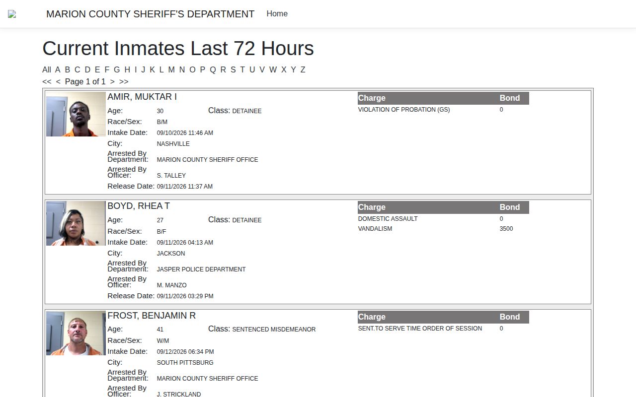 Marion County 72-hour arrest reports and booking blotter